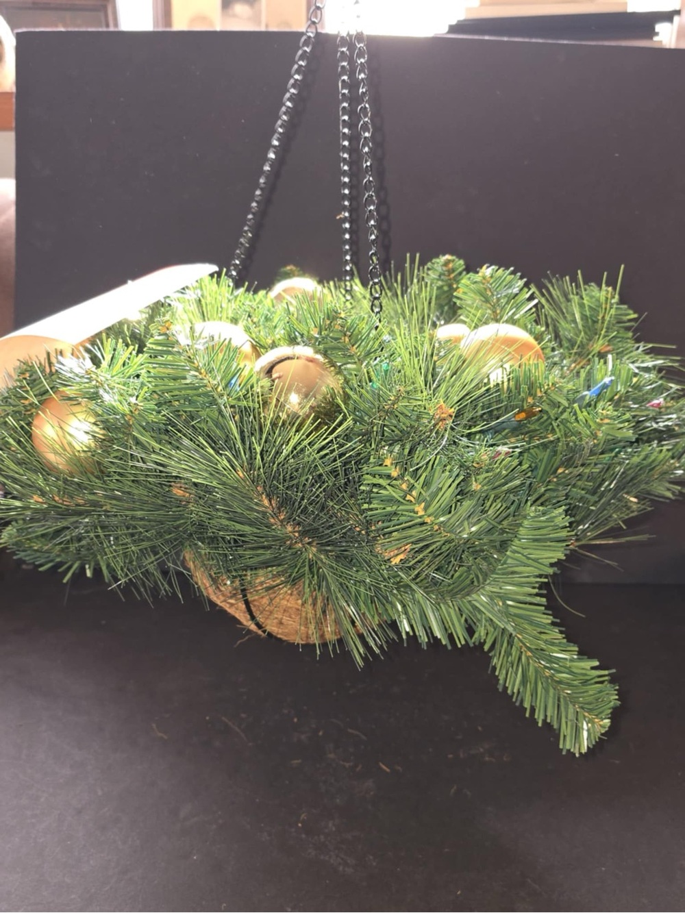 Green Pine Hanging Holiday Basket with Gold Ornaments